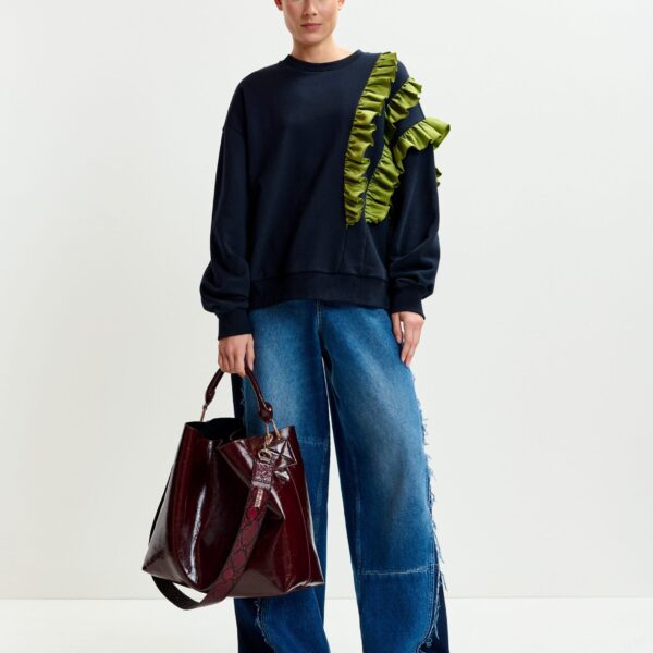 Essentiel Antwerp Navy cotton-blend sweatshirt with ruffle details - Essentiel Antwerp Shirts - Colorful Belgian Design - Shop at Coveti