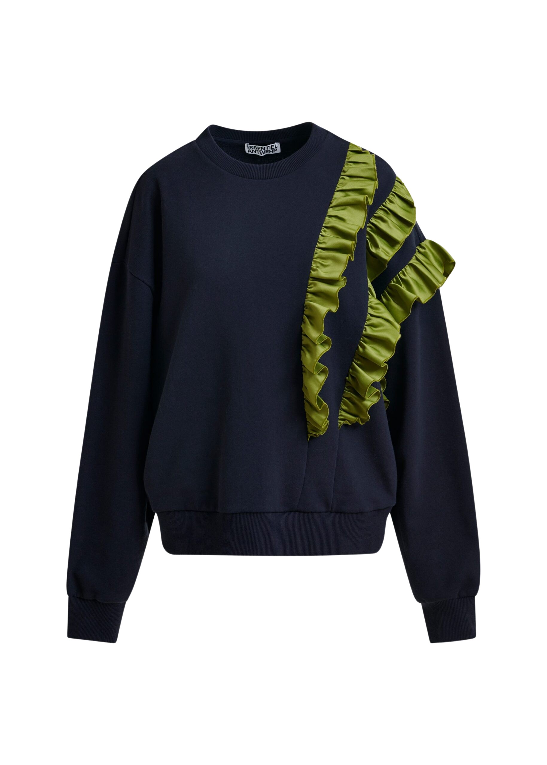 Essentiel Antwerp Navy cotton-blend sweatshirt with ruffle details - Essentiel Antwerp Shirts - Colorful Belgian Design - Shop at Coveti