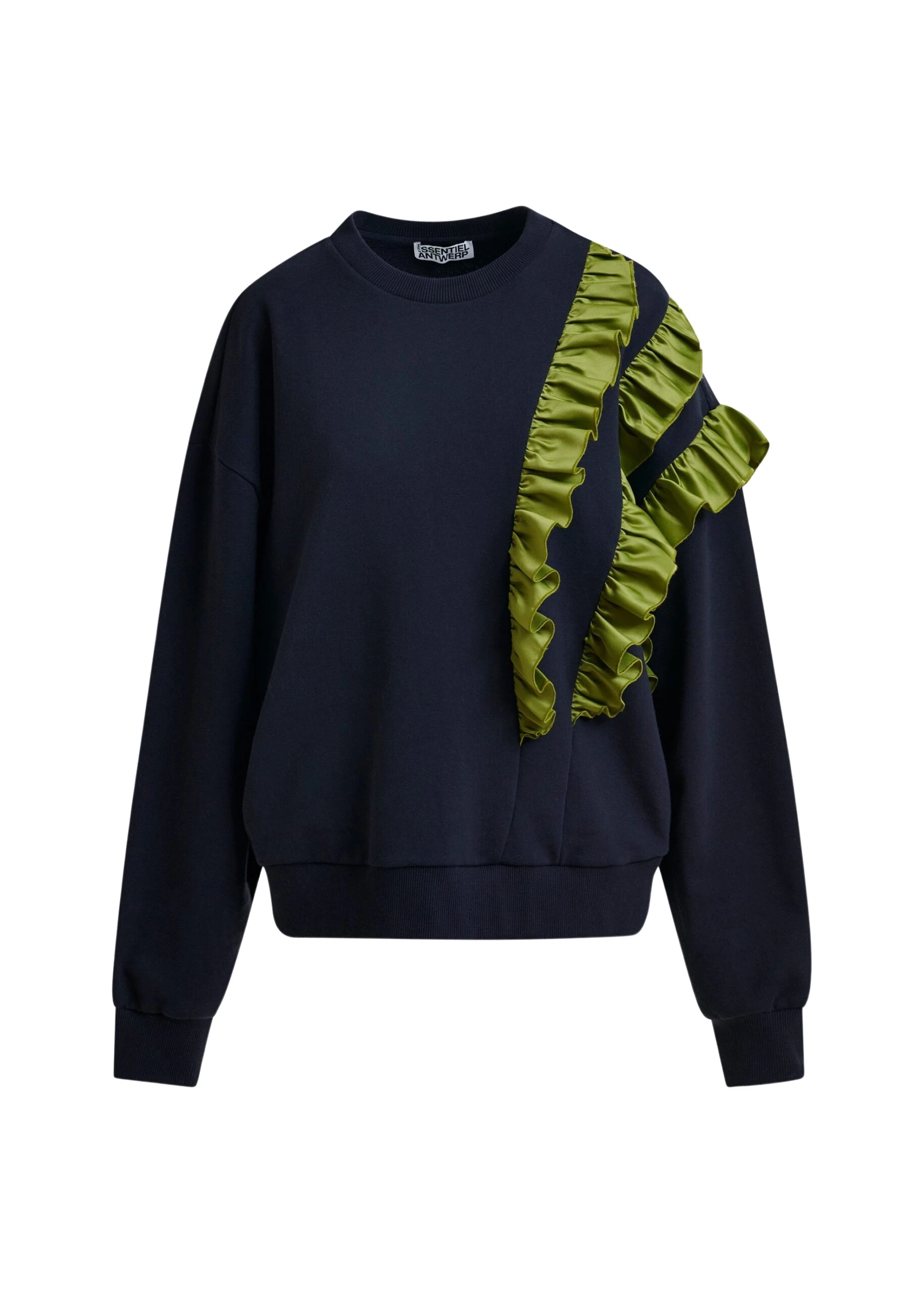 Navy-cotton-blend-sweatshirt-with-ruffle-details-Essentiel-Antwerp-Shirts-scaled84669_nobg Essentiel Antwerp Navy cotton-blend sweatshirt with ruffle details - Essentiel Antwerp Shirts - Colorful Belgian Design - Shop at Coveti