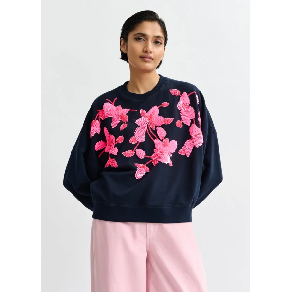 Essentiel Antwerp Navy cotton sweatshirt with pink floral sequin and bead-embellished embroidery Top, view 2