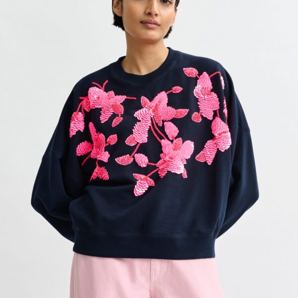 Essentiel Antwerp Navy cotton sweatshirt with pink floral sequin and bead-embellished embroidery - Essentiel Antwerp Shirts - Colorful Belgian Design - Shop at Coveti