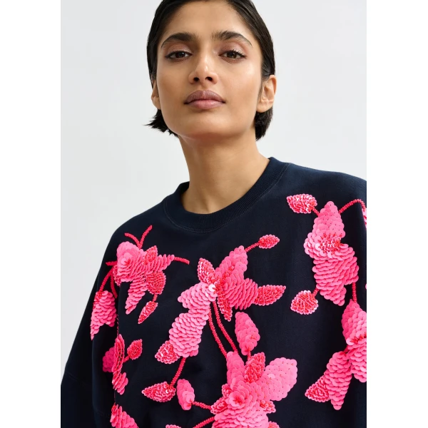 Essentiel Antwerp Navy cotton sweatshirt with pink floral sequin and bead-embellished embroidery Top, view 3