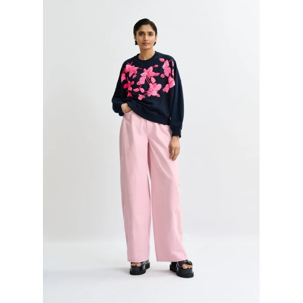 Essentiel Antwerp Navy cotton sweatshirt with pink floral sequin and bead-embellished embroidery Top, view 5