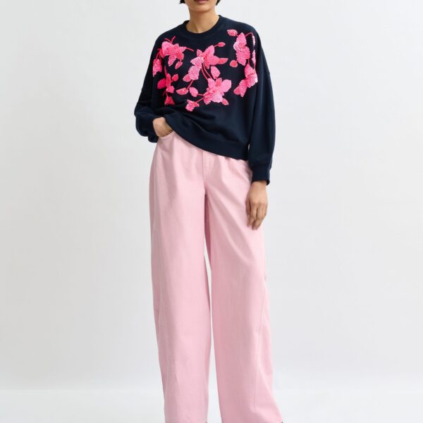 Essentiel Antwerp Navy cotton sweatshirt with pink floral sequin and bead-embellished embroidery - Essentiel Antwerp Shirts - Colorful Belgian Design - Shop at Coveti