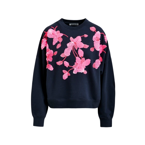 Essentiel Antwerp Navy cotton sweatshirt with pink floral sequin and bead-embellished embroidery - Essentiel Antwerp Shirts - Colorful Belgian Design - Shop at Coveti