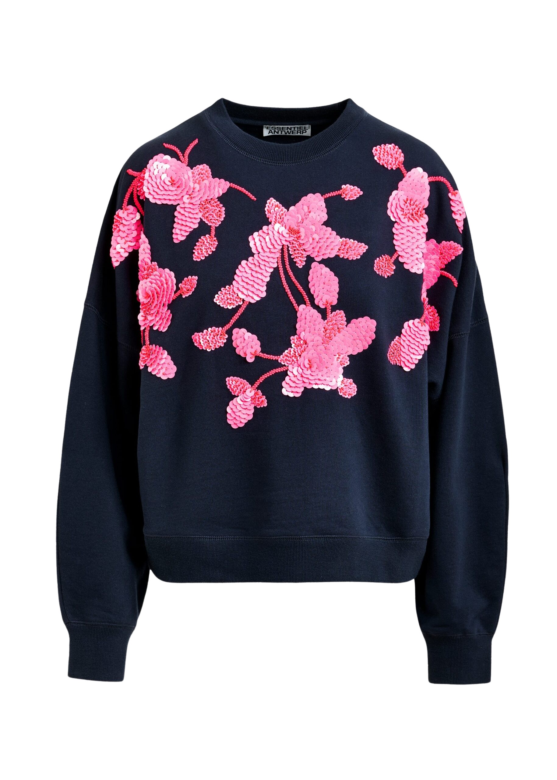 Essentiel Antwerp Navy cotton sweatshirt with pink floral sequin and bead-embellished embroidery - Essentiel Antwerp Shirts - Colorful Belgian Design - Shop at Coveti