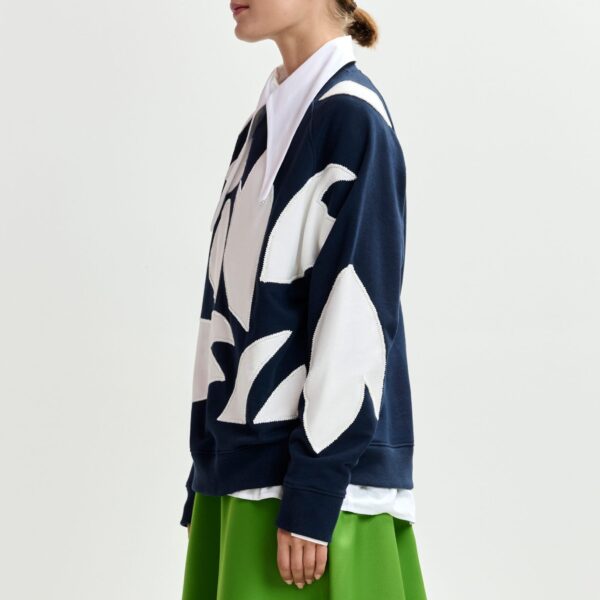 Essentiel Antwerp Navy cotton sweatshirt with white flame appliqués - Essentiel Antwerp Shirts - Colorful Belgian Design - Shop at Coveti