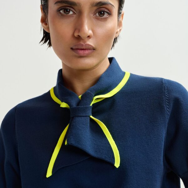 Essentiel Antwerp Navy fine-knit polo with bright yellow scarf-like contrast collar - Essentiel Antwerp Tops - Colorful Belgian Design - Shop at Coveti