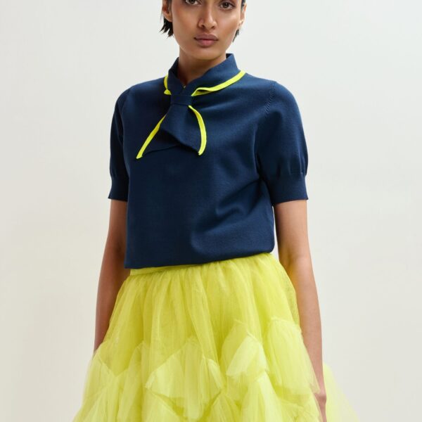 Essentiel Antwerp Navy fine-knit polo with bright yellow scarf-like contrast collar - Essentiel Antwerp Tops - Colorful Belgian Design - Shop at Coveti