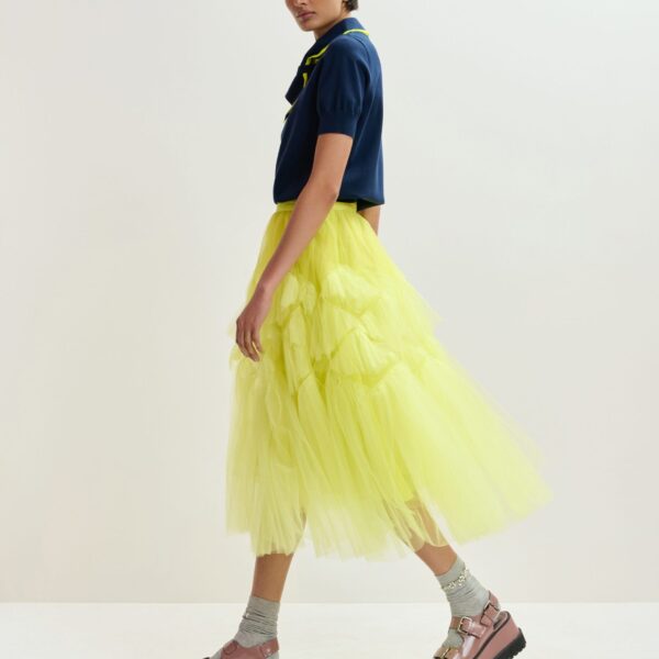 Essentiel Antwerp Navy fine-knit polo with bright yellow scarf-like contrast collar - Essentiel Antwerp Tops - Colorful Belgian Design - Shop at Coveti