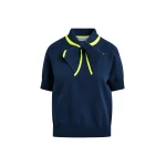 Essentiel Antwerp Navy fine-knit polo with bright yellow scarf-like contrast collar - Essentiel Antwerp Tops - Colorful Belgian Design - Shop at Coveti