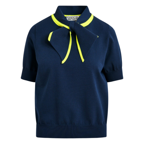Essentiel Antwerp Navy fine-knit polo with bright yellow scarf-like contrast collar - Essentiel Antwerp Tops - Colorful Belgian Design - Shop at Coveti