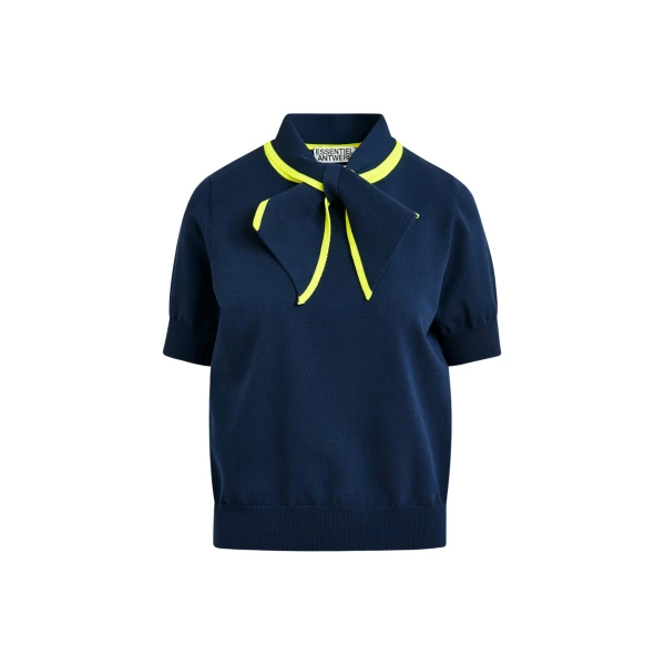 Essentiel Antwerp Navy fine-knit polo with bright yellow scarf-like contrast collar - Essentiel Antwerp Tops - Colorful Belgian Design - Shop at Coveti