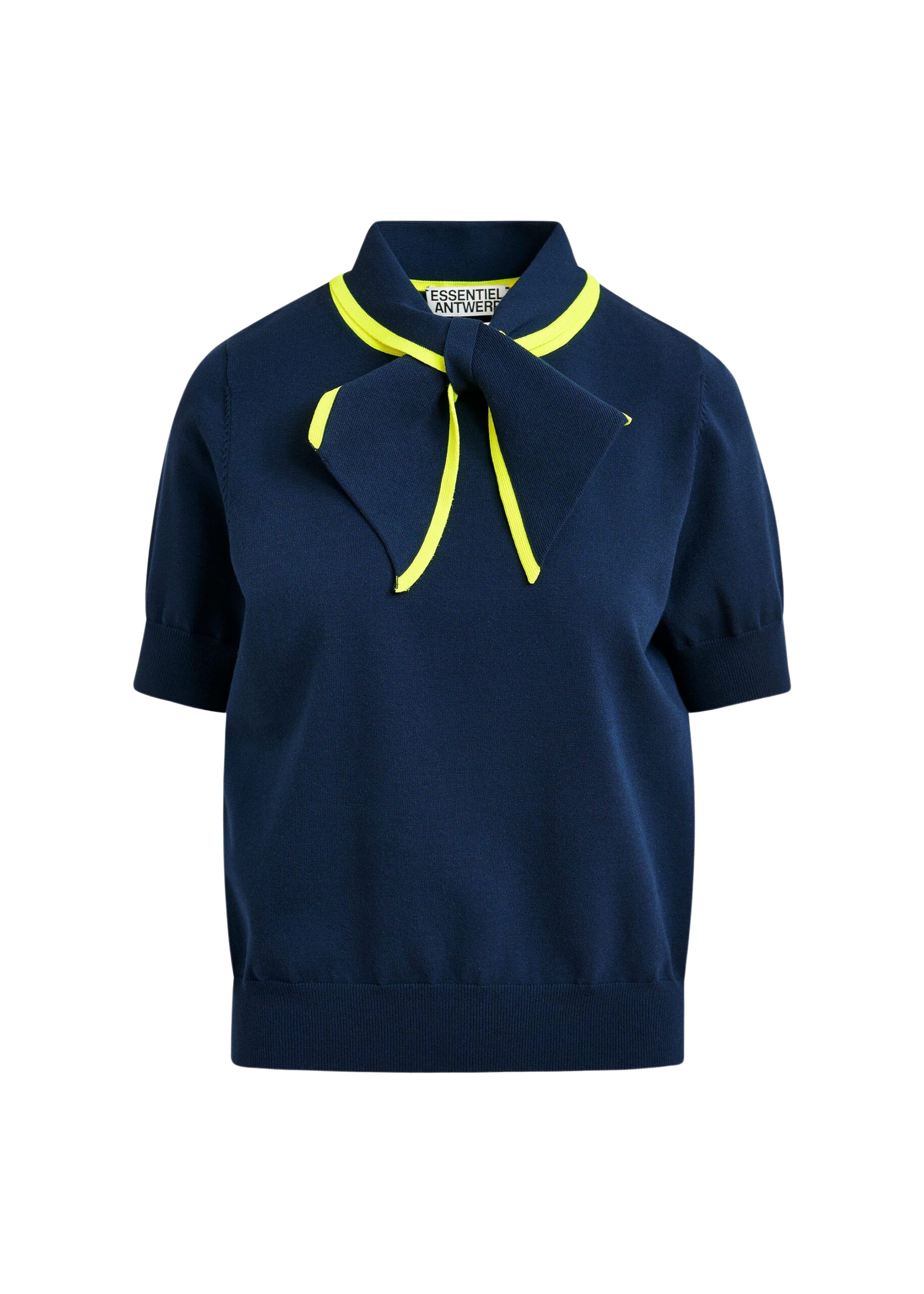 Essentiel Antwerp Navy fine-knit polo with bright yellow scarf-like contrast collar - Essentiel Antwerp Tops - Colorful Belgian Design - Shop at Coveti