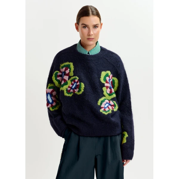 Essentiel Antwerp Navy, green and red fine knit sweater with embroidered flowers, view 2