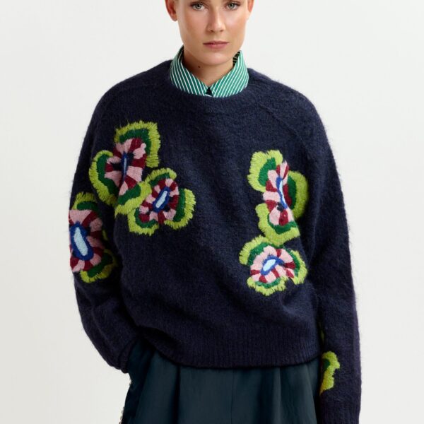 green and red fine knit sweater with embroidered flowers - Essentiel Antwerp Knitwear - Colorful Belgian Design - Shop at Coveti