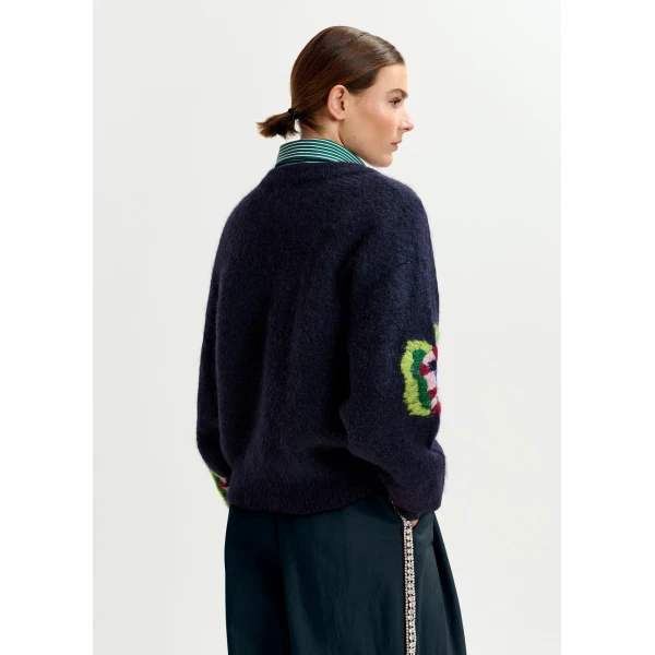 Essentiel Antwerp Navy, green and red fine knit sweater with embroidered flowers, view 3