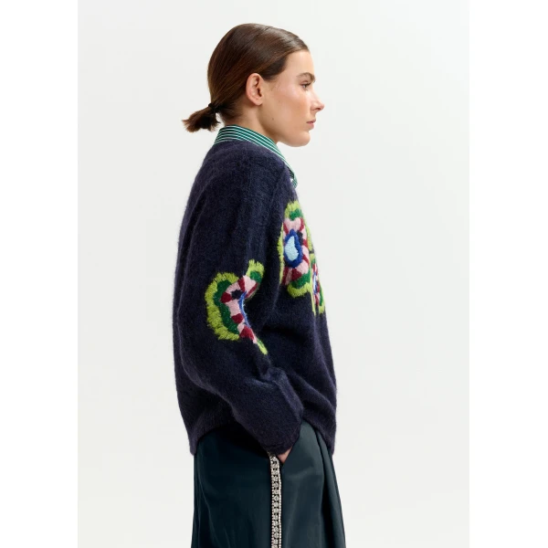 Essentiel Antwerp Navy, green and red fine knit sweater with embroidered flowers, view 4