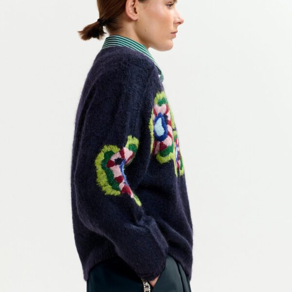 green and red fine knit sweater with embroidered flowers - Essentiel Antwerp Knitwear - Colorful Belgian Design - Shop at Coveti