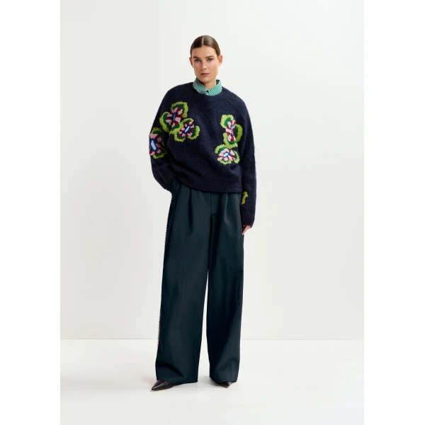 Essentiel Antwerp Navy, green and red fine knit sweater with embroidered flowers, view 5