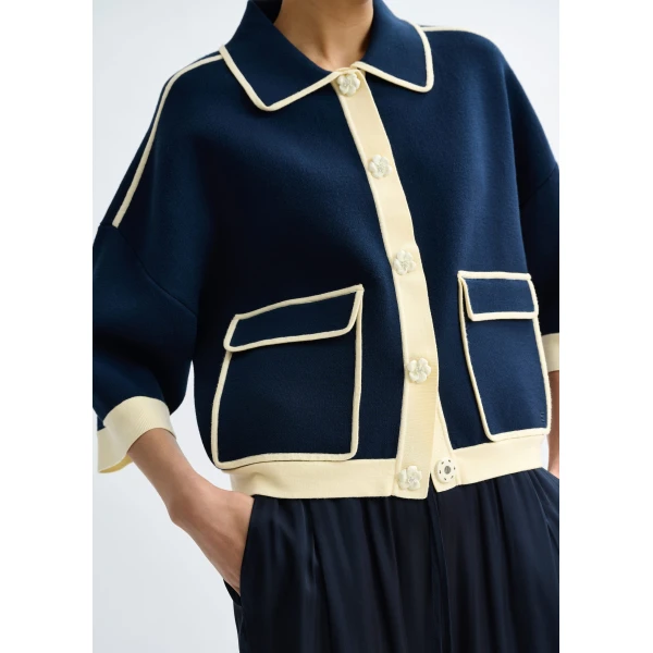 Essentiel Antwerp Navy knit cardigan with flower buttons and off-white contrasting trims, view 3