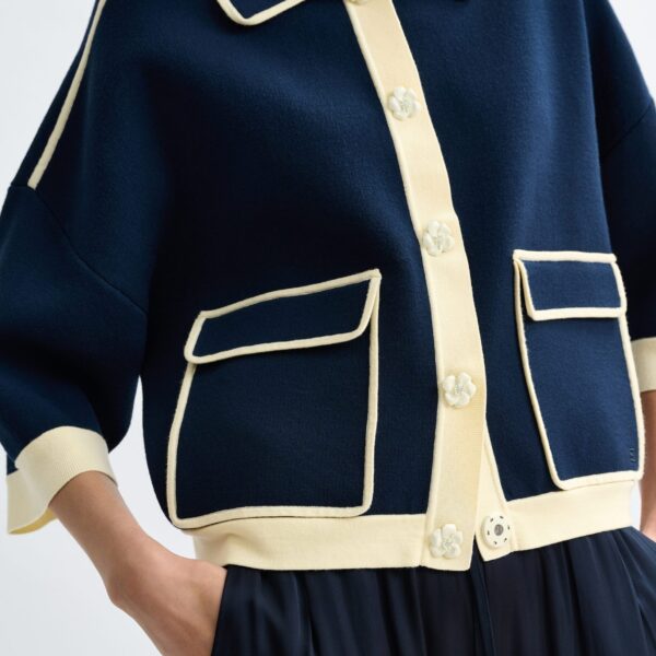 Essentiel Antwerp Navy knit cardigan with flower buttons and off-white contrasting trims - Essentiel Antwerp Knitwear - Colorful Belgian Design - Shop at Coveti