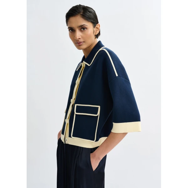 Essentiel Antwerp Navy knit cardigan with flower buttons and off-white contrasting trims, view 4