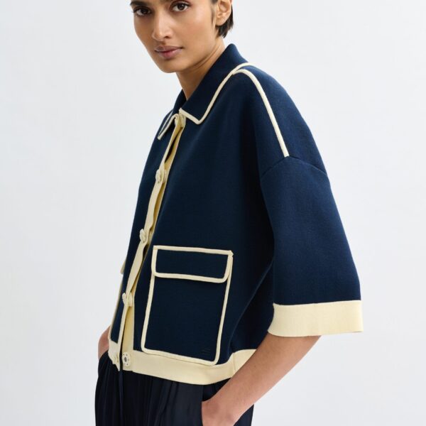 Essentiel Antwerp Navy knit cardigan with flower buttons and off-white contrasting trims - Essentiel Antwerp Knitwear - Colorful Belgian Design - Shop at Coveti