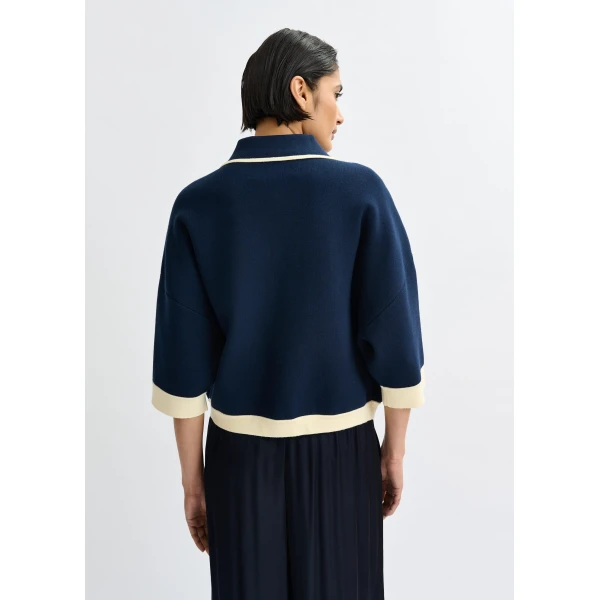 Essentiel Antwerp Navy knit cardigan with flower buttons and off-white contrasting trims, view 5