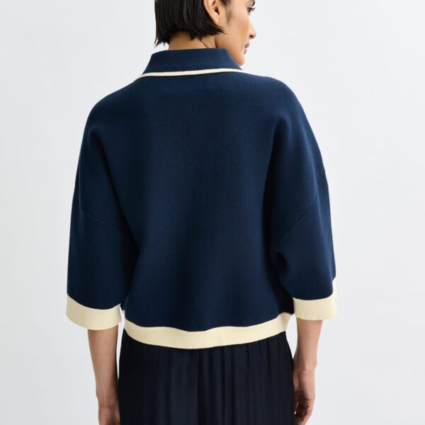 Essentiel Antwerp Navy knit cardigan with flower buttons and off-white contrasting trims - Essentiel Antwerp Knitwear - Colorful Belgian Design - Shop at Coveti