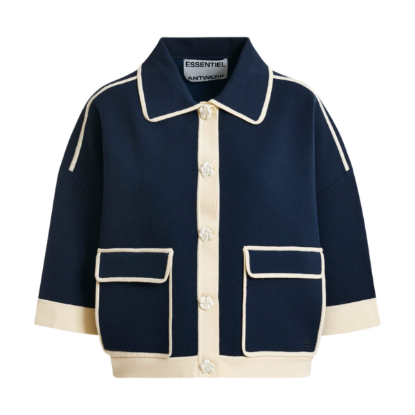 Essentiel Antwerp Navy knit cardigan with flower buttons and off-white contrasting trims - Essentiel Antwerp Knitwear - Colorful Belgian Design - Shop at Coveti