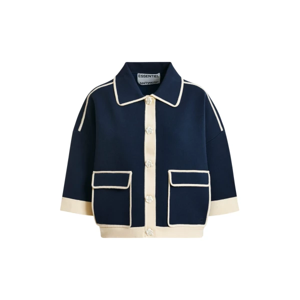 Essentiel Antwerp Navy knit cardigan with flower buttons and off-white contrasting trims - Essentiel Antwerp Knitwear - Colorful Belgian Design - Shop at Coveti