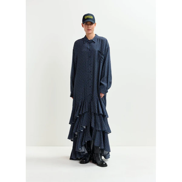 Essentiel Antwerp Navy, off-white and green oversized printed maxi shirt dress with ruffled hemline, view 2
