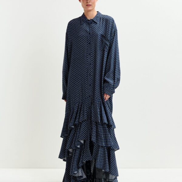 off-white and green oversized printed maxi shirt dress with ruffled hemline - Essentiel Antwerp Dresses - Colorful Belgian Design - Shop at Coveti