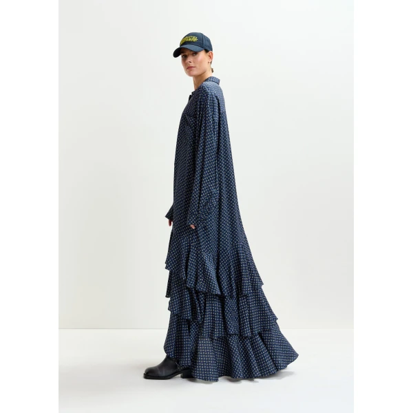 Essentiel Antwerp Navy, off-white and green oversized printed maxi shirt dress with ruffled hemline, view 3