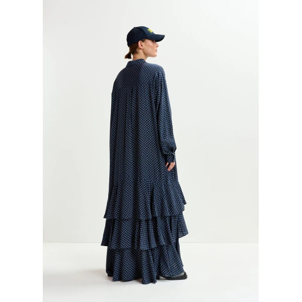 Essentiel Antwerp Navy, off-white and green oversized printed maxi shirt dress with ruffled hemline, view 4