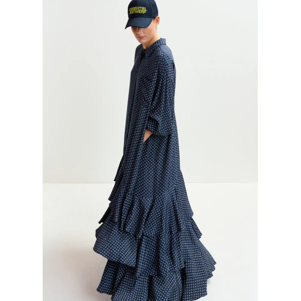 Essentiel Antwerp Navy, off-white and green oversized printed maxi shirt dress with ruffled hemline, view 5