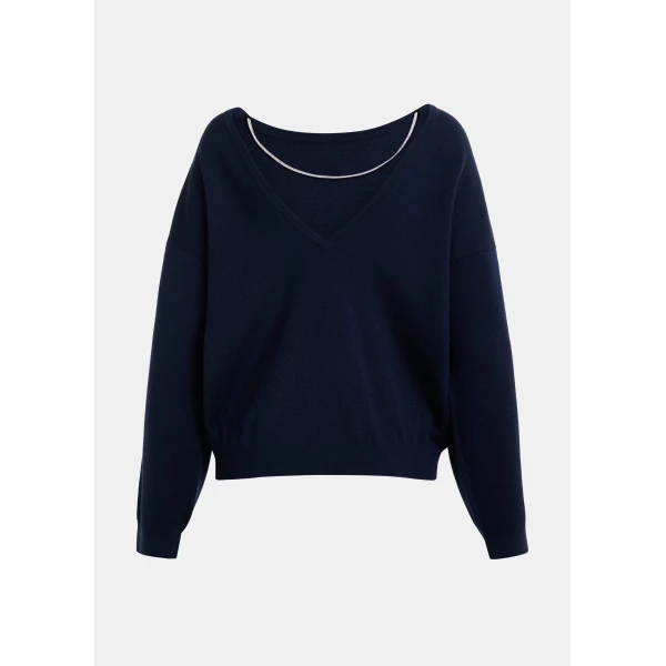 Essentiel Antwerp Navy open-back sweater with rhinestone strings, view 2