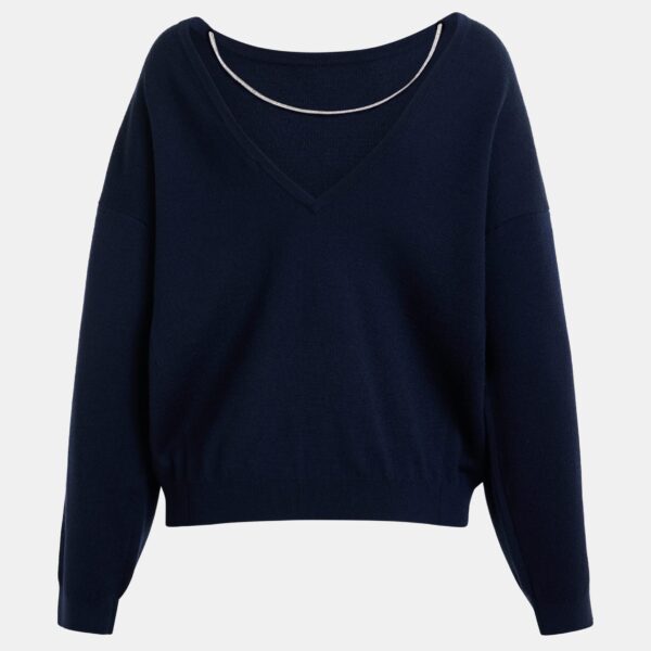 Essentiel Antwerp Navy open-back sweater with rhinestone strings - Essentiel Antwerp Knitwear - Colorful Belgian Design - Shop at Coveti