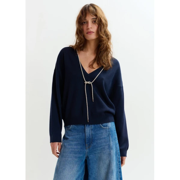Essentiel Antwerp Navy open-back sweater with rhinestone strings, view 3