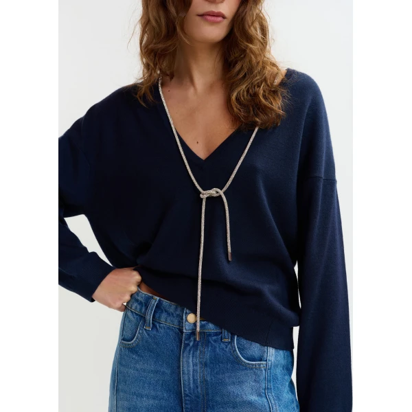 Essentiel Antwerp Navy open-back sweater with rhinestone strings, view 4