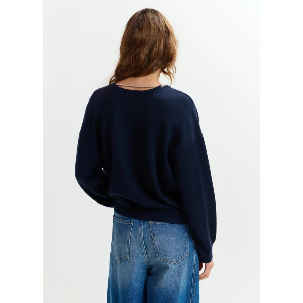 Essentiel Antwerp Navy open-back sweater with rhinestone strings, view 5