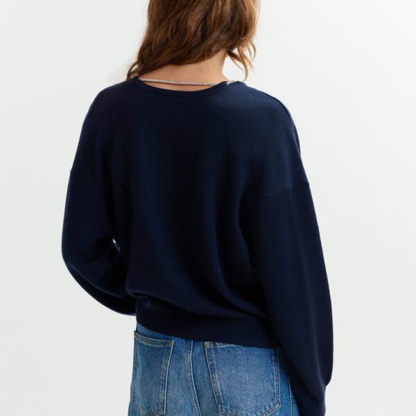 Essentiel Antwerp Navy open-back sweater with rhinestone strings - Essentiel Antwerp Knitwear - Colorful Belgian Design - Shop at Coveti