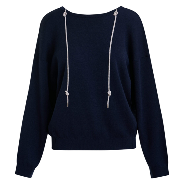 Essentiel Antwerp Navy open-back sweater with rhinestone strings - Essentiel Antwerp Knitwear - Colorful Belgian Design - Shop at Coveti