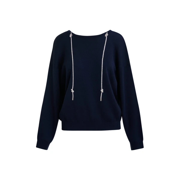 Essentiel Antwerp Navy open-back sweater with rhinestone strings - Essentiel Antwerp Knitwear - Colorful Belgian Design - Shop at Coveti
