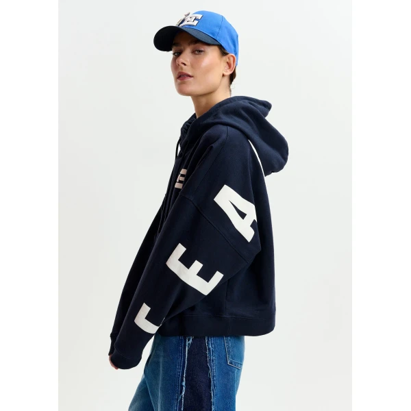 Essentiel Antwerp Navy oversized cotton hoodie with “fearless”-print, view 3