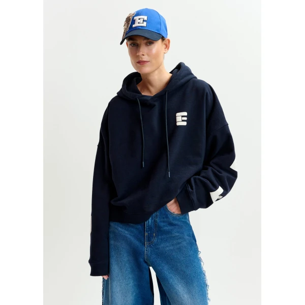 Essentiel Antwerp Navy oversized cotton hoodie with “fearless”-print, view 4