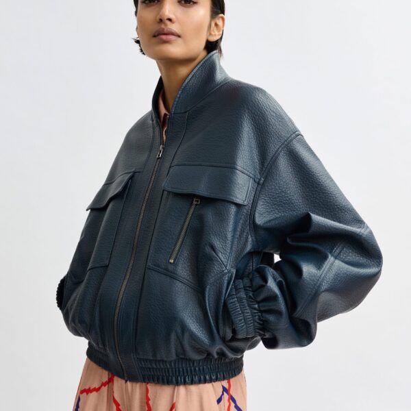 Essentiel Antwerp Navy oversized faux-leather bomber jacket - Essentiel Antwerp Jackets - Colorful Belgian Design - Shop at Coveti