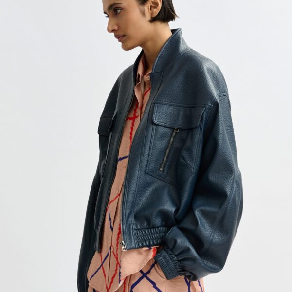 Essentiel Antwerp Navy oversized faux-leather bomber jacket - Essentiel Antwerp Jackets - Colorful Belgian Design - Shop at Coveti