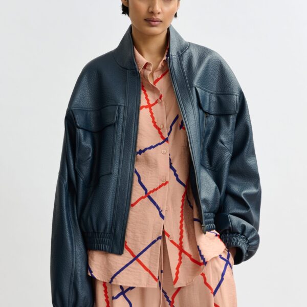 Essentiel Antwerp Navy oversized faux-leather bomber jacket - Essentiel Antwerp Jackets - Colorful Belgian Design - Shop at Coveti